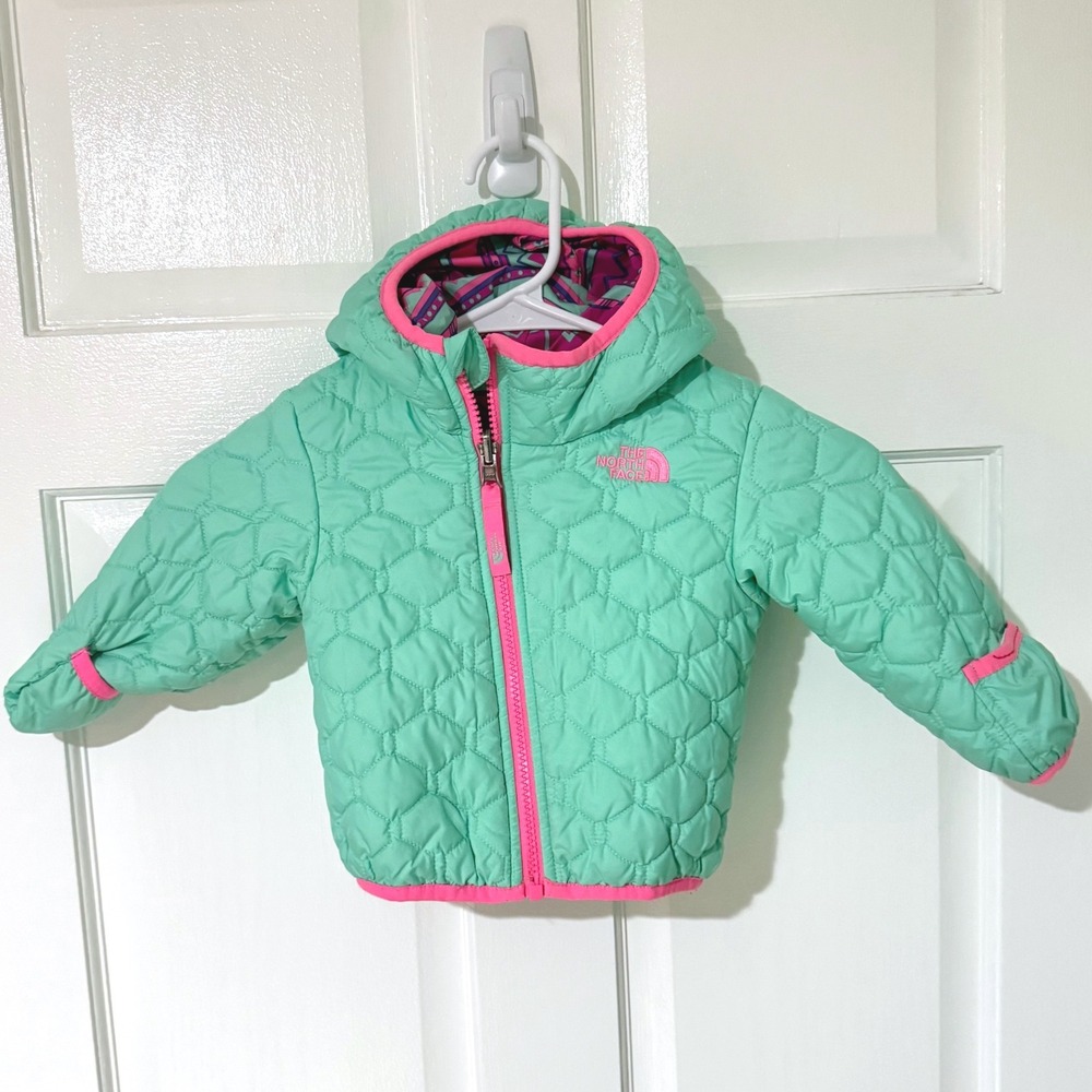 The North Face Reversible Hooded Jacket Mint Green Pink Tribal Print Toddler